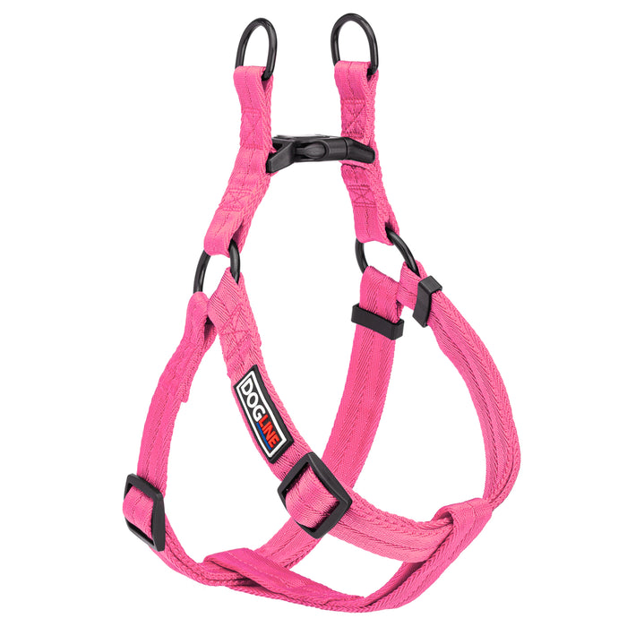Pink step-in dog harness with quick release buckle, made from nylon, size M, size L