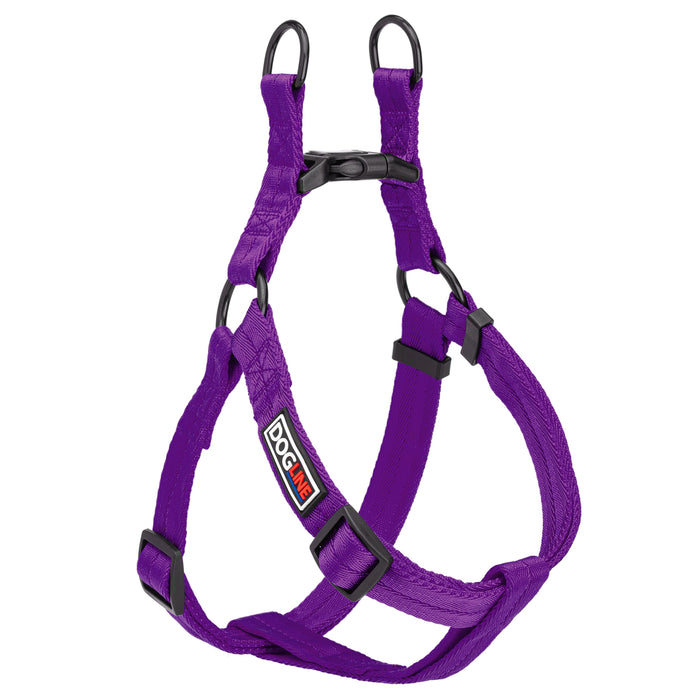 Purple step-in dog harness with quick release buckle, made from nylon, size M, size L