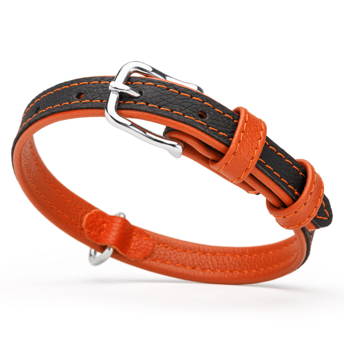 Flat black and orange leather dog collar with metal buckle and D-ring, 5/8 inch wide