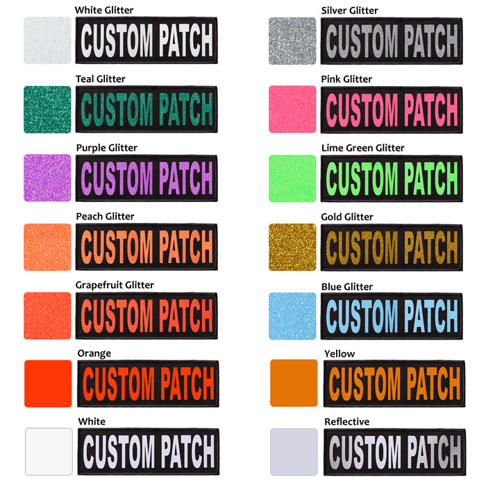 Hook and loop patches for pets with hook backing only, for harness, vest or collar, reflective and 13 different letter colors