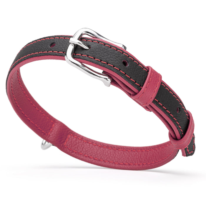 Pink and black leather collar with metal hardware, width 3/4 inch