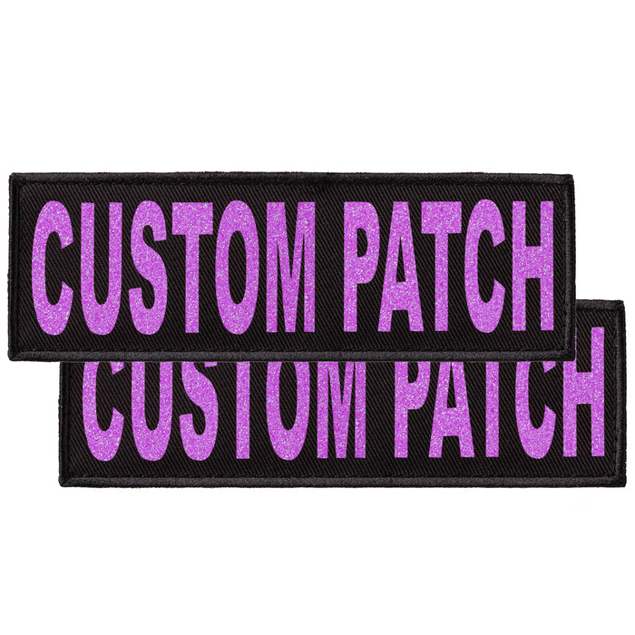Custom dog patch with hook backing for harness, vest or collar, purple glitter letters