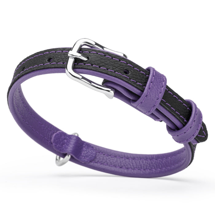 Flat black and purple leather dog collar with metal buckle and D-ring, 5/8 inch wide