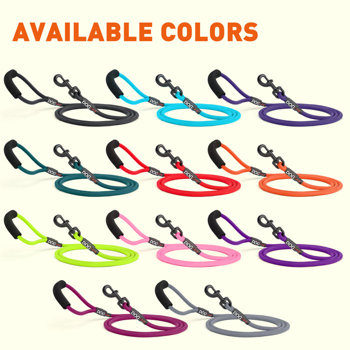 Nylon leashes for dogs with padded handle and black snap hook, 11 colors available, round design