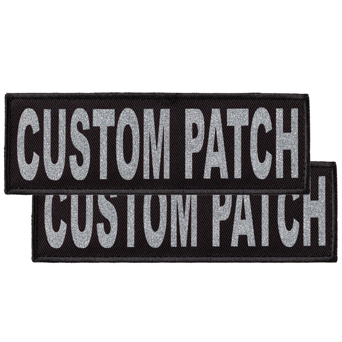Custom dog patch with hook backing for harness, vest or collar, silver glitter letters