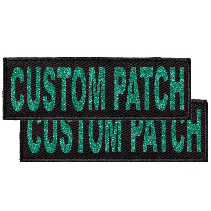 Custom dog patch with hook backing for harness, vest or collar, teal glitter letters