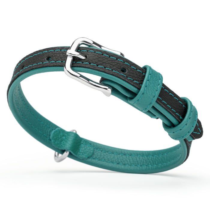Flat black and teal leather dog collar with metal buckle and D-ring, 5/8 inch wide