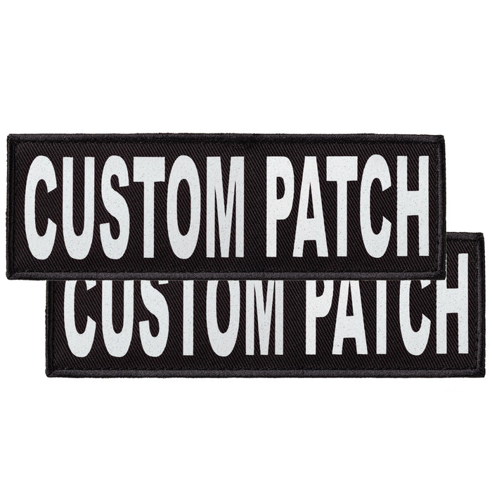 Custom dog patch with hook backing for harness, vest or collar, white glitter letters