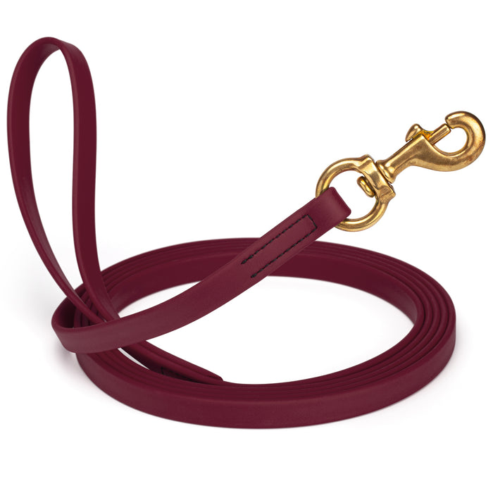 Merlot Burgundy dog leash with brass snap hook, made from waterproof and smell proof Biothane, 5/8 inches wide, 33 ft