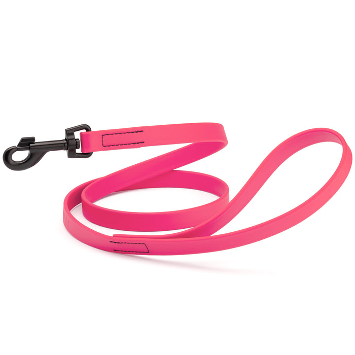 Passionfruit Pink dog leash with black snap hook, made from waterproof Biothane, 3/4 or 5/8 inches wide