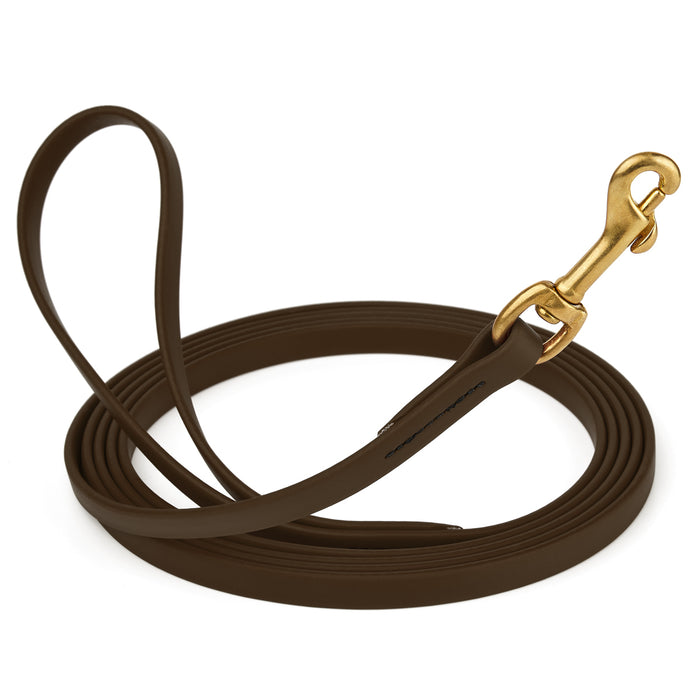 Dark Chocolate Brown dog leash with brass snap hook, made from waterproof and smell proof Biothane, 1/2 inches wide, 20 ft