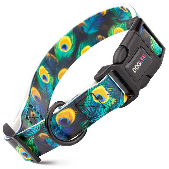 Printed design biothane dog collar with quick release buckle, Peacock pattern