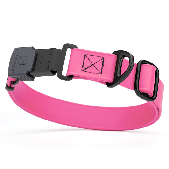 Passionfruit Pink dog collar with black stainless steel Herm Sprenger quick release buckle, made from waterproof Biothane