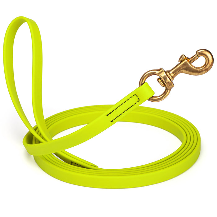 Safety Yellow dog leash with brass snap hook, made from waterproof and smell proof Biothane, 5/8 inches wide, 15 ft