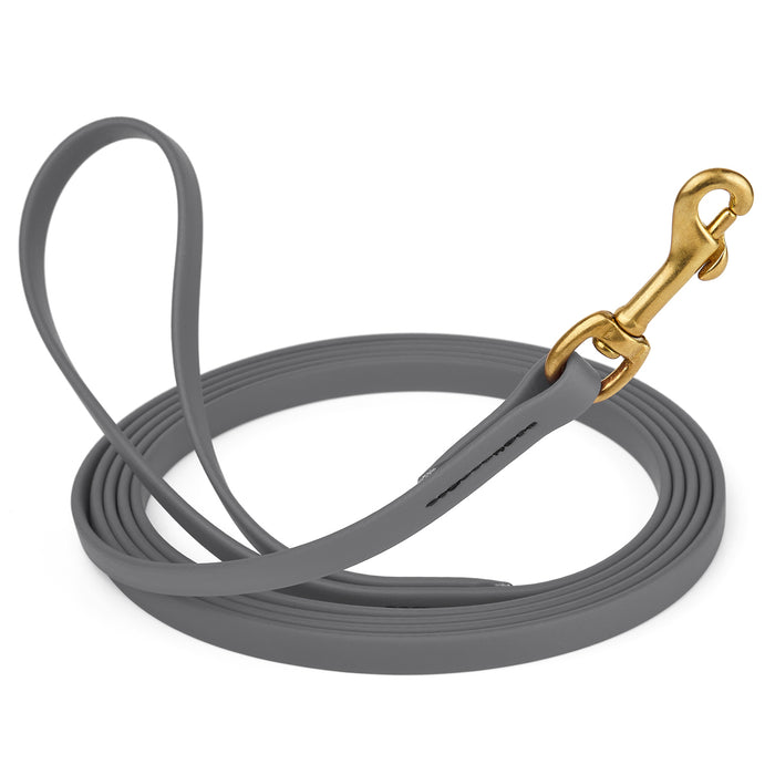 Battleship Gray dog leash with brass snap hook, made from waterproof and smell proof Biothane, 1/2 inches wide, 33 ft