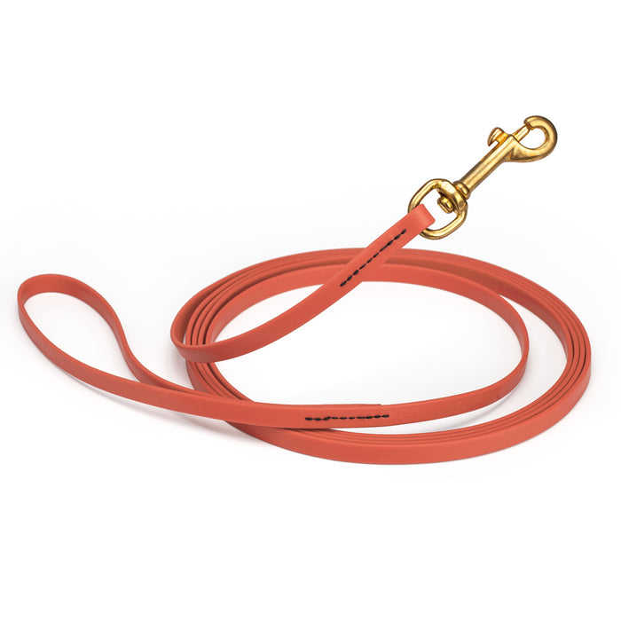 Coral dog leash with brass snap hook, made from waterproof and smell proof Biothane, 3/8 inches wide, 33 ft