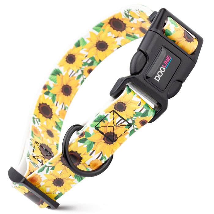 Printed design biothane dog collar with quick release buckle, Sunflowers pattern