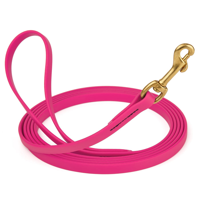 Passionfruit Pink dog leash with brass snap hook, made from waterproof and smell proof Biothane, 1/2 inches wide, 20 ft