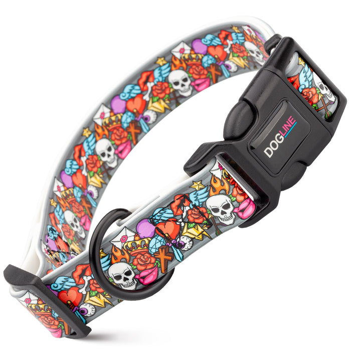 Printed design biothane dog collar with quick release buckle, Tattoos pattern
