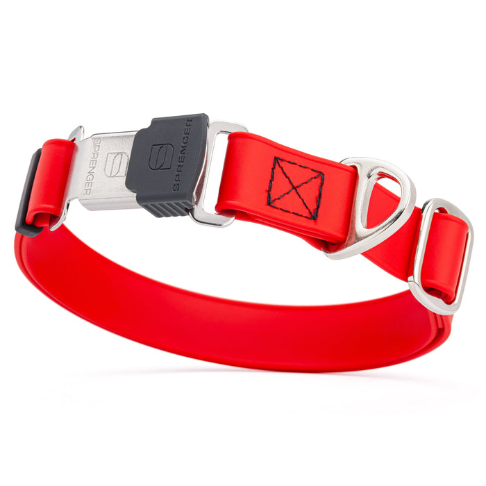 Cherry Red dog collar with stainless steel Herm Sprenger quick release buckle, made from waterproof Biothane