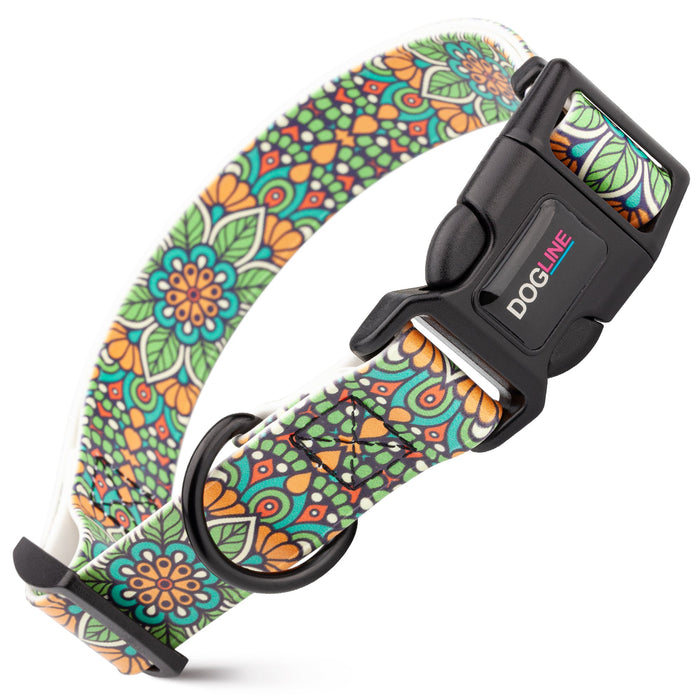 Printed design biothane dog collar with quick release buckle, Green Mandala pattern