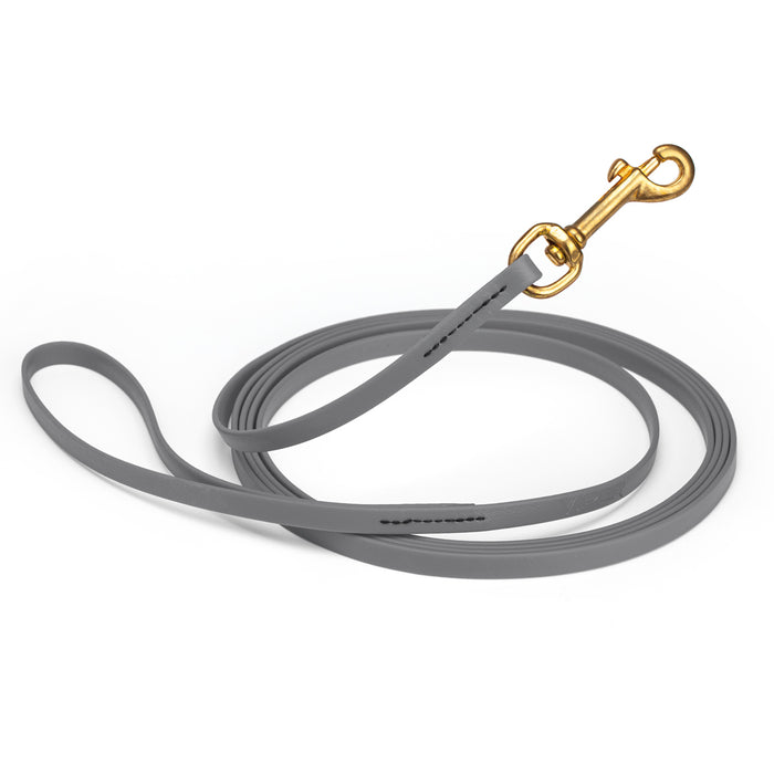 Battleship Gray dog leash with brass snap hook, made from waterproof and smell proof Biothane, 3/8 inches wide, 15 ft