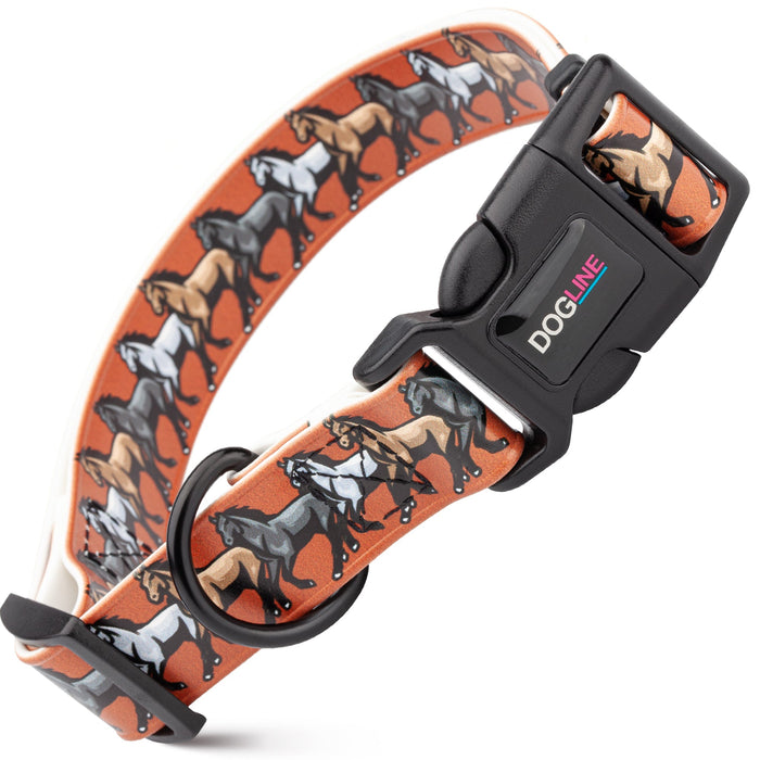 Printed design biothane dog collar with quick release buckle, Horses pattern