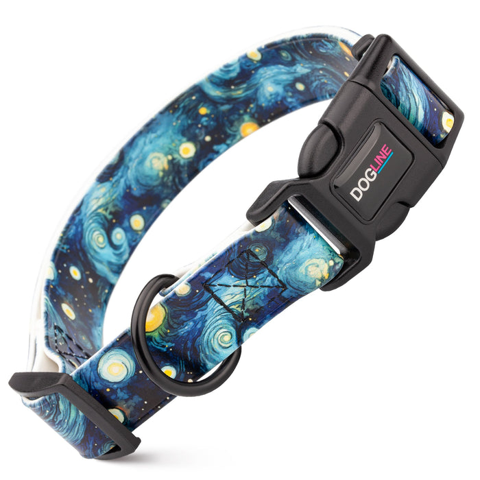 Printed design biothane dog collar with quick release buckle, Starry Night pattern