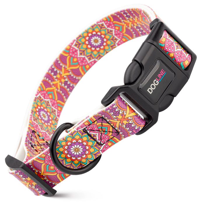 Printed design biothane dog collar with quick release buckle, Pink Mandala pattern