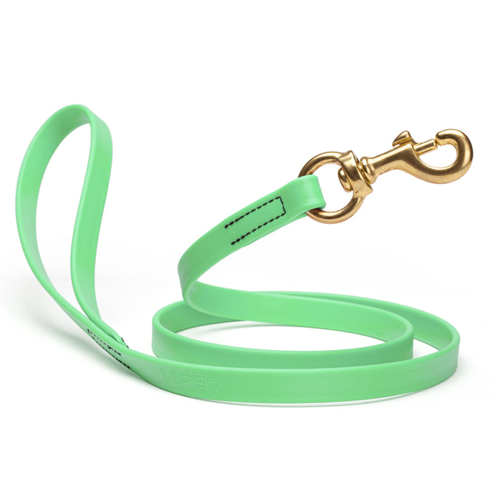 Sea Foam Green dog leash with brass snap hook, made from waterproof Biothane, 5/8 or 3/4 inches wide