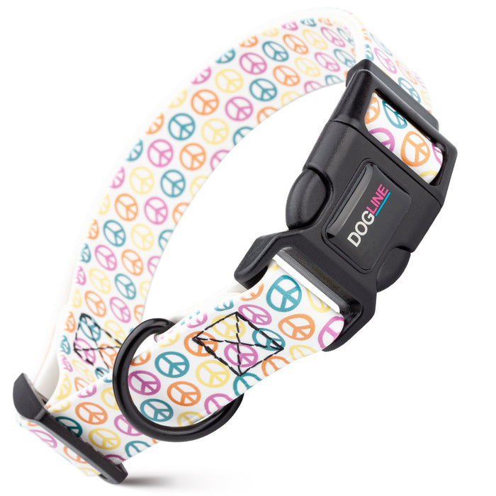 Printed design biothane dog collar with quick release buckle, Peace and Love pattern