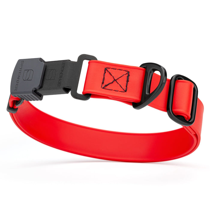 Cherry Red dog collar with black stainless steel Herm Sprenger quick release buckle, made from waterproof Biothane