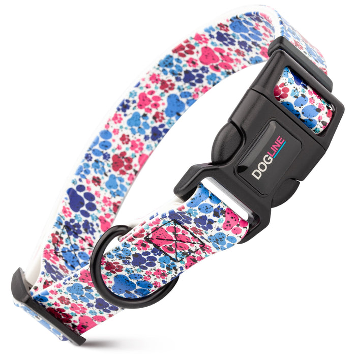 Printed design biothane dog collar with quick release buckle, Paw Prints pattern