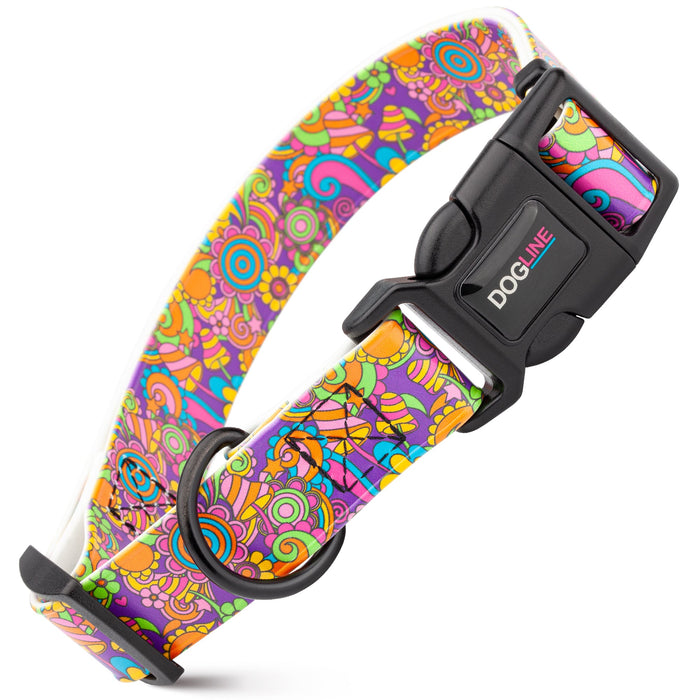 Printed design biothane dog collar with quick release buckle, Magic Mushrooms pattern