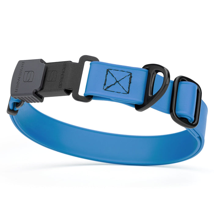 Cerulean Blue dog collar with black stainless steel Herm Sprenger quick release buckle, made from waterproof Biothane