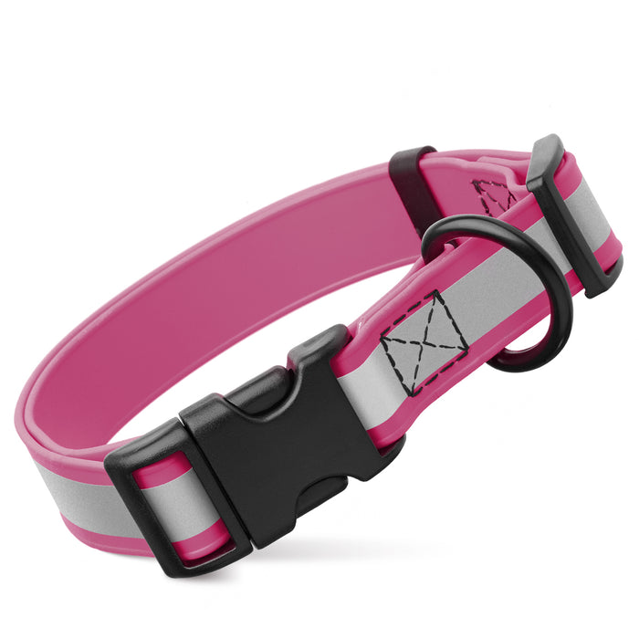 Pink reflective dog collar with quick release buckle and wide reflective strip, made from waterproof Biothane, 1-inch wide