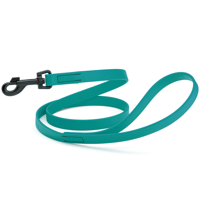 Aqua Blue dog leash with black snap hook, made from waterproof Biothane, 3/4 or 5/8 inches wide
