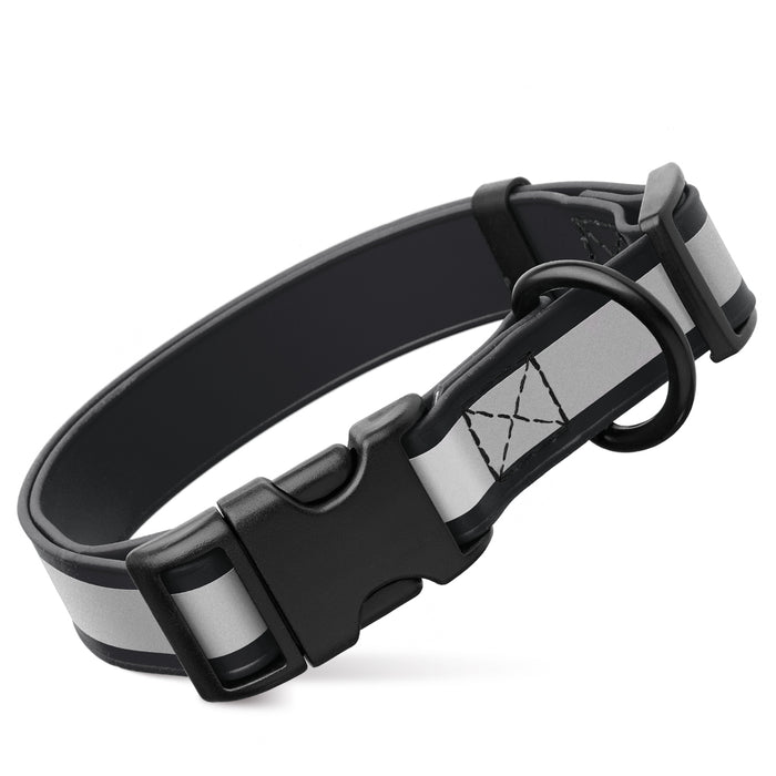 Black reflective dog collar with quick release buckle and wide reflective strip, made from waterproof Biothane, 1-inch wide