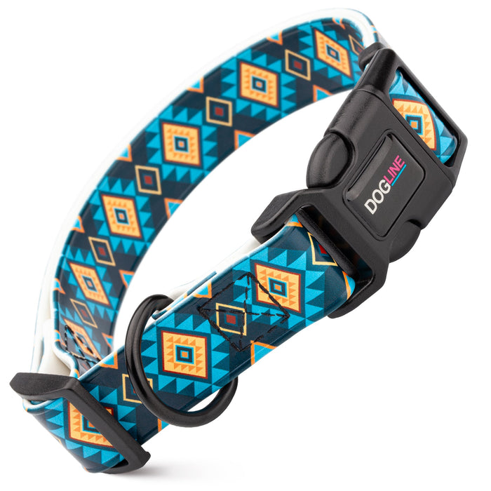 Printed design biothane dog collar with quick release buckle, Blue Aztec pattern