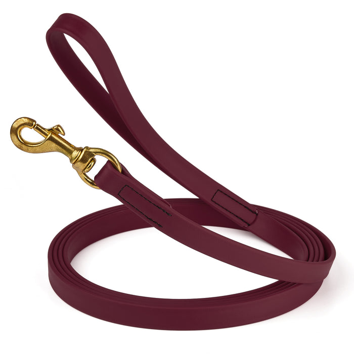 Merlot Burgundy dog leash with brass snap hook, made from waterproof and smell proof Biothane, 3/4 inches wide, 10 ft
