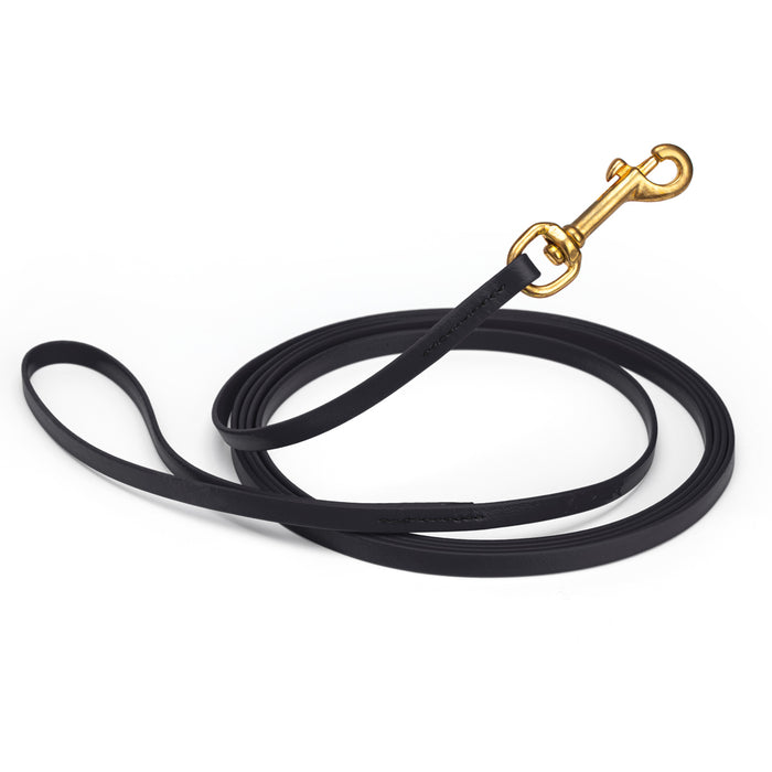 Black dog leash with brass snap hook, made from waterproof and smell proof Biothane, 3/8 inches wide, 15 ft