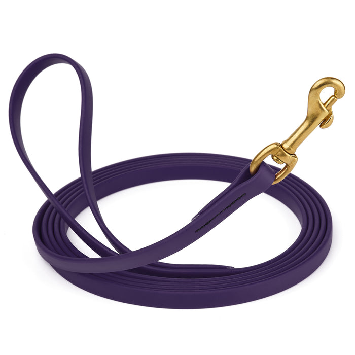 Violet Purple dog leash with brass snap hook, made from waterproof and smell proof Biothane, 1/2 inches wide, 10 ft