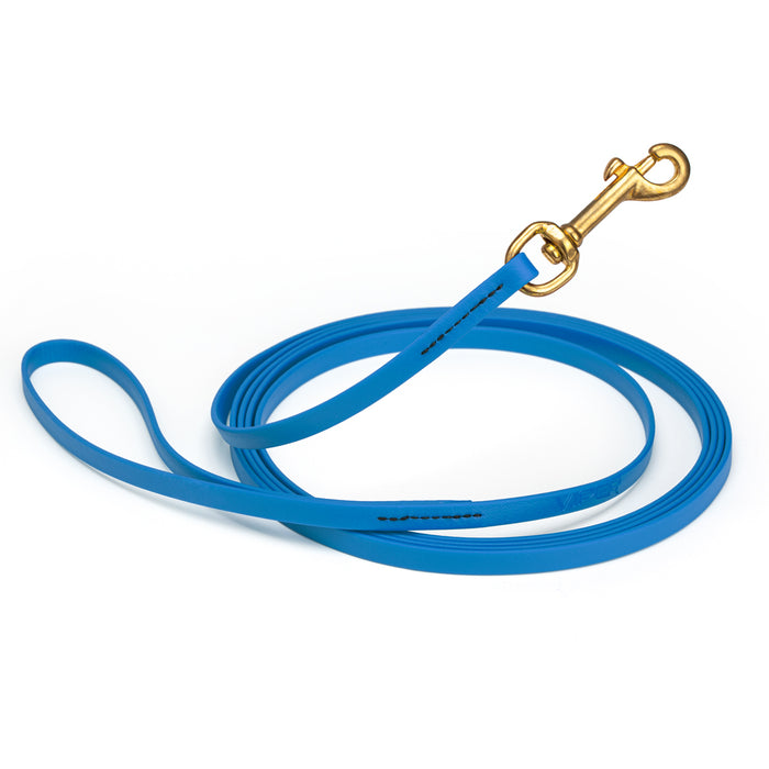 Cerulean Blue dog leash with brass snap hook, made from waterproof and smell proof Biothane, 3/8 inches wide, 15 ft