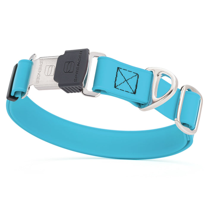 Sky Blue dog collar with stainless steel Herm Sprenger quick release buckle, made from waterproof Biothane