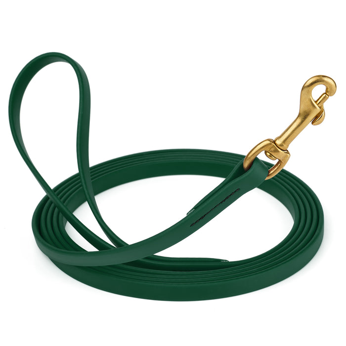 Hunter Green dog leash with brass snap hook, made from waterproof and smell proof Biothane, 1/2 inches wide, 20 ft