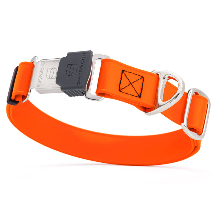 Hunter Orange dog collar with stainless steel Herm Sprenger quick release buckle, made from waterproof Biothane