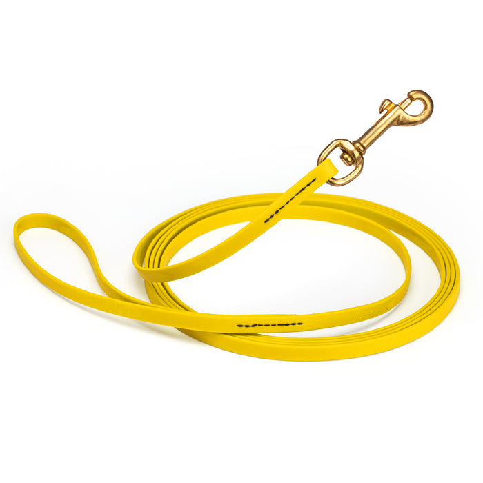 Lemon Yellow dog leash with brass snap hook, made from waterproof and smell proof Biothane, 3/8 inches wide, 20 ft