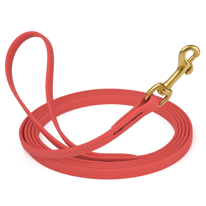 Coral dog leash with brass snap hook, made from waterproof and smell proof Biothane, 1/2 inches wide, 20 ft