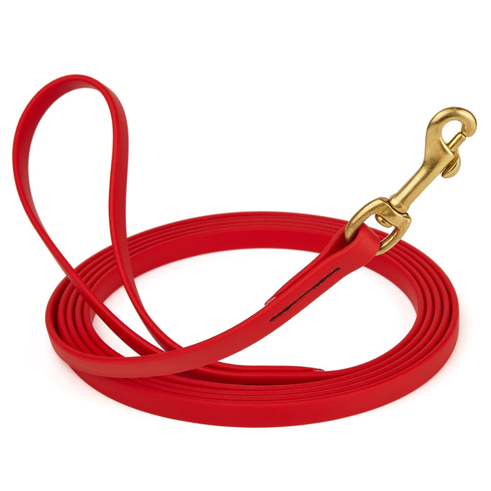 Cherry red dog leash with brass snap hook, made from waterproof and smell proof Biothane, 1/2 inches wide, 10 ft