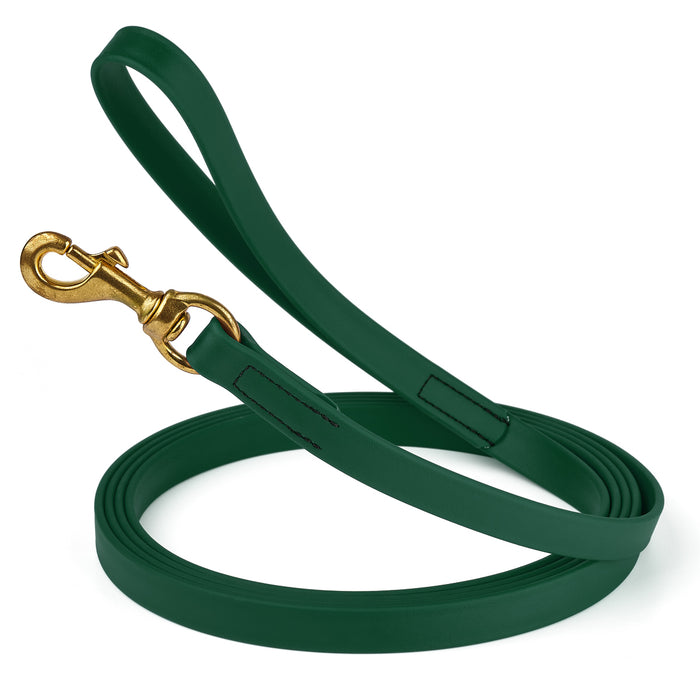 Hunter Green dog leash with brass snap hook, made from waterproof and smell proof Biothane, 3/4 inches wide, 10 ft